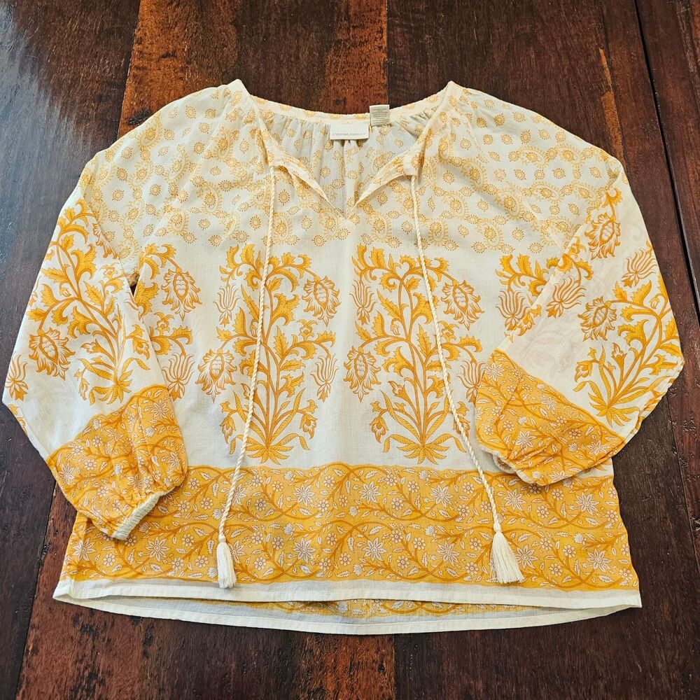 CYNTHIA ROWLEY Cotton Tunic Size S Gold Cream FLAWS Flowy Loose Boho Peasant